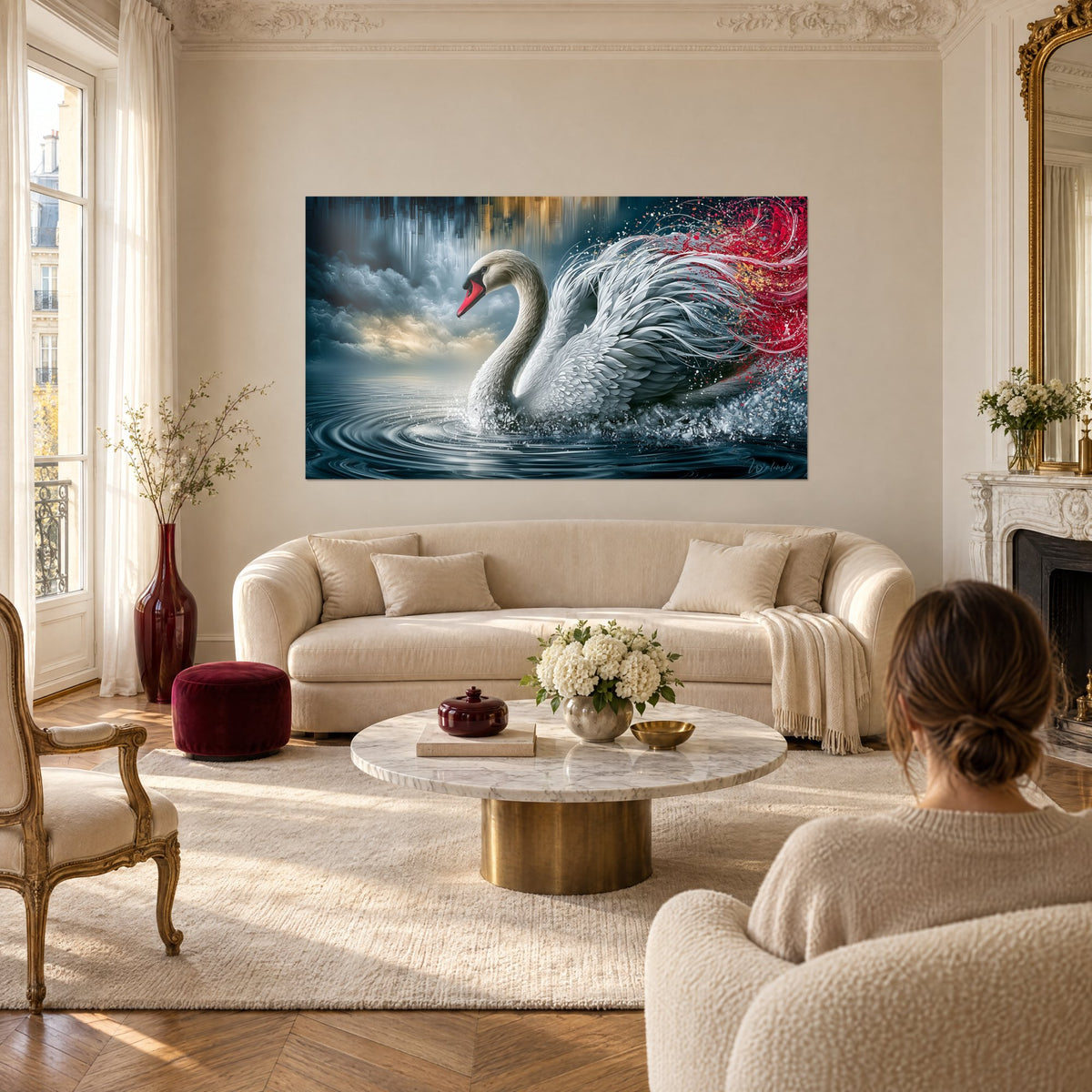 Gemälde majestätischer Schwan mit grauem Gefieder und leuchtend rotem Band, karminroter Schnabel, auf dunklem See, über einem Sofa in einem hellen Wohnzimmer