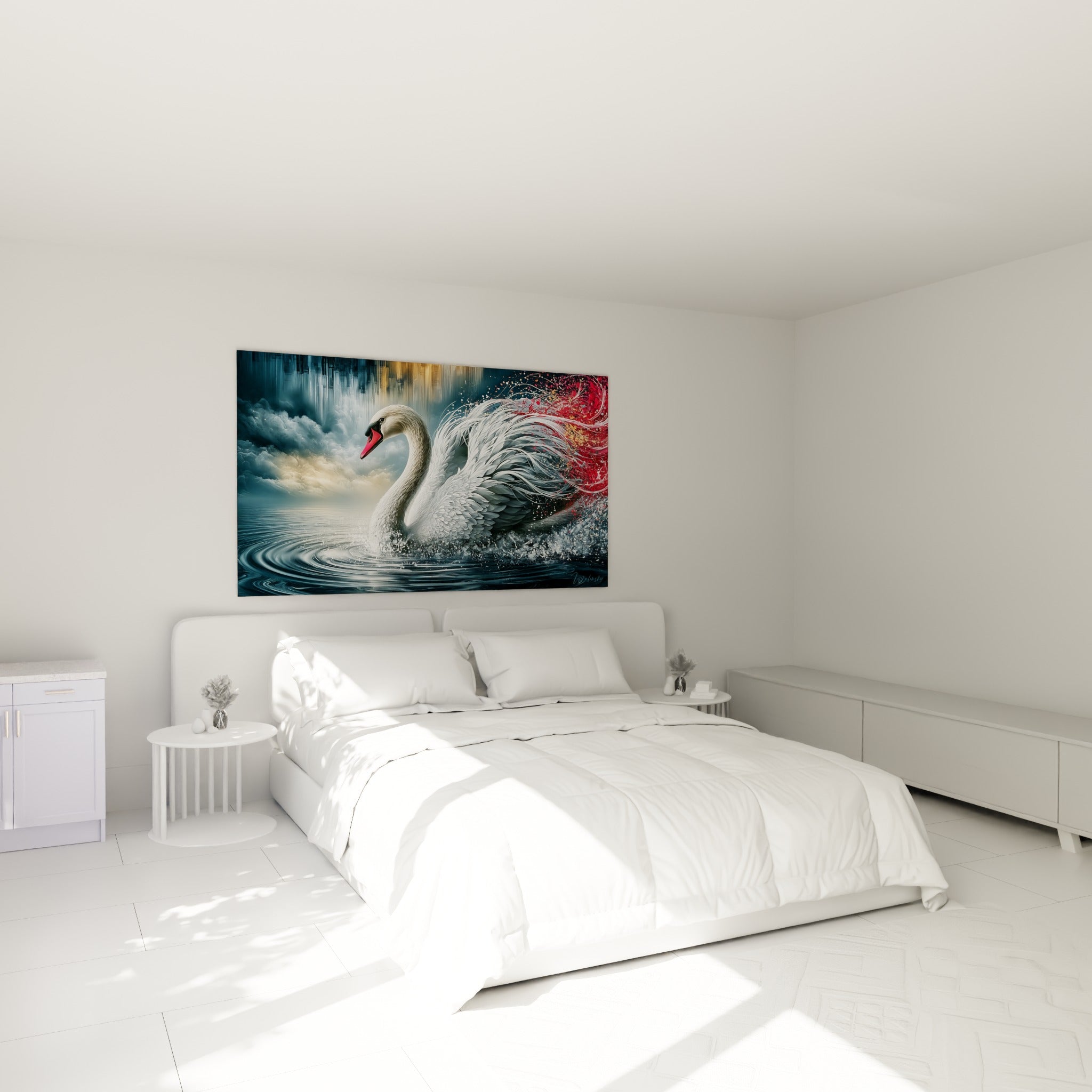 Cygne blanc et rouge écarlate flottant sur une eau anthracite, accroché au-dessus d'un lit dans une chambre claire