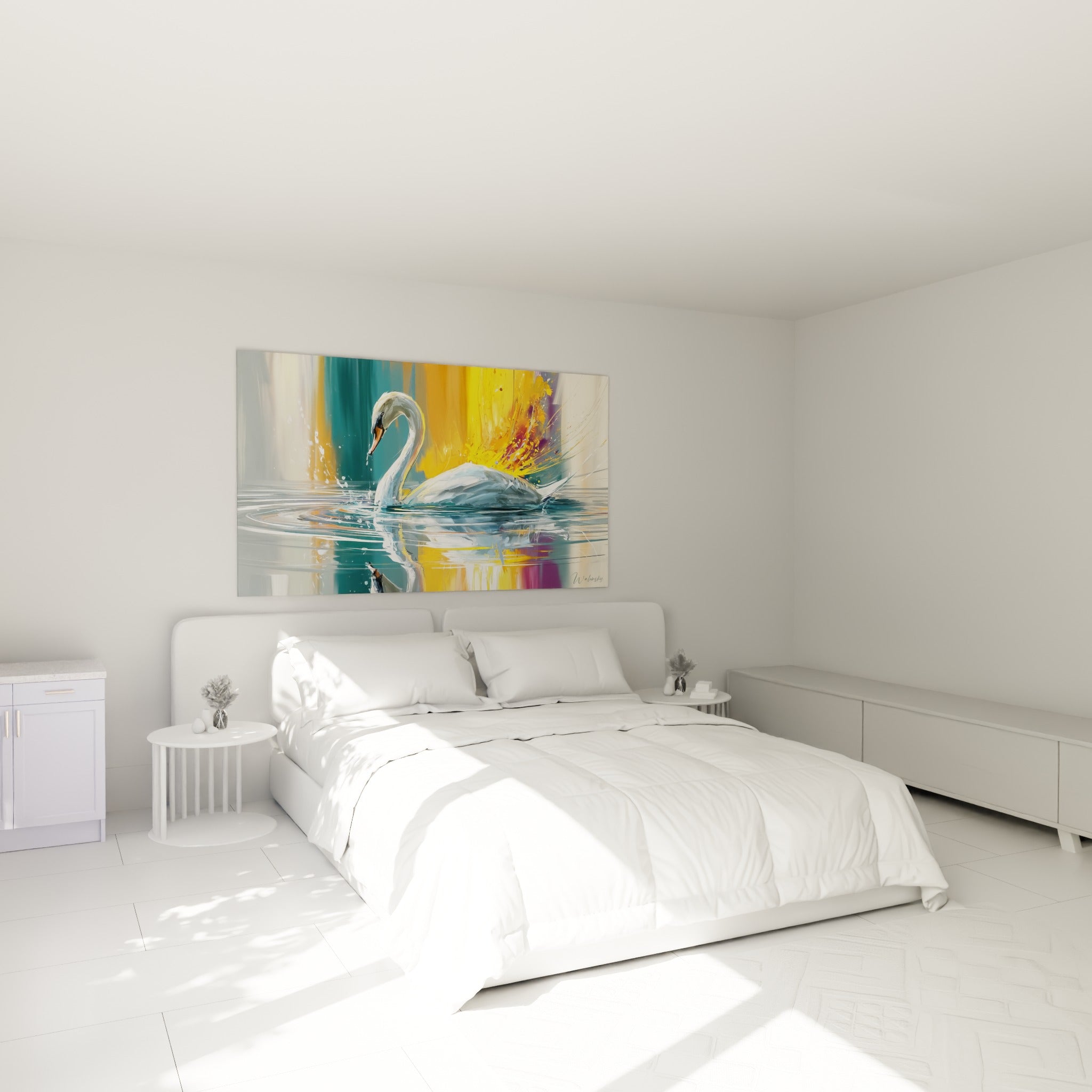 Cygne au cou gracieux et plumage blanc, tons ocre et turquoise, au-dessus d'un lit dans une chambre claire