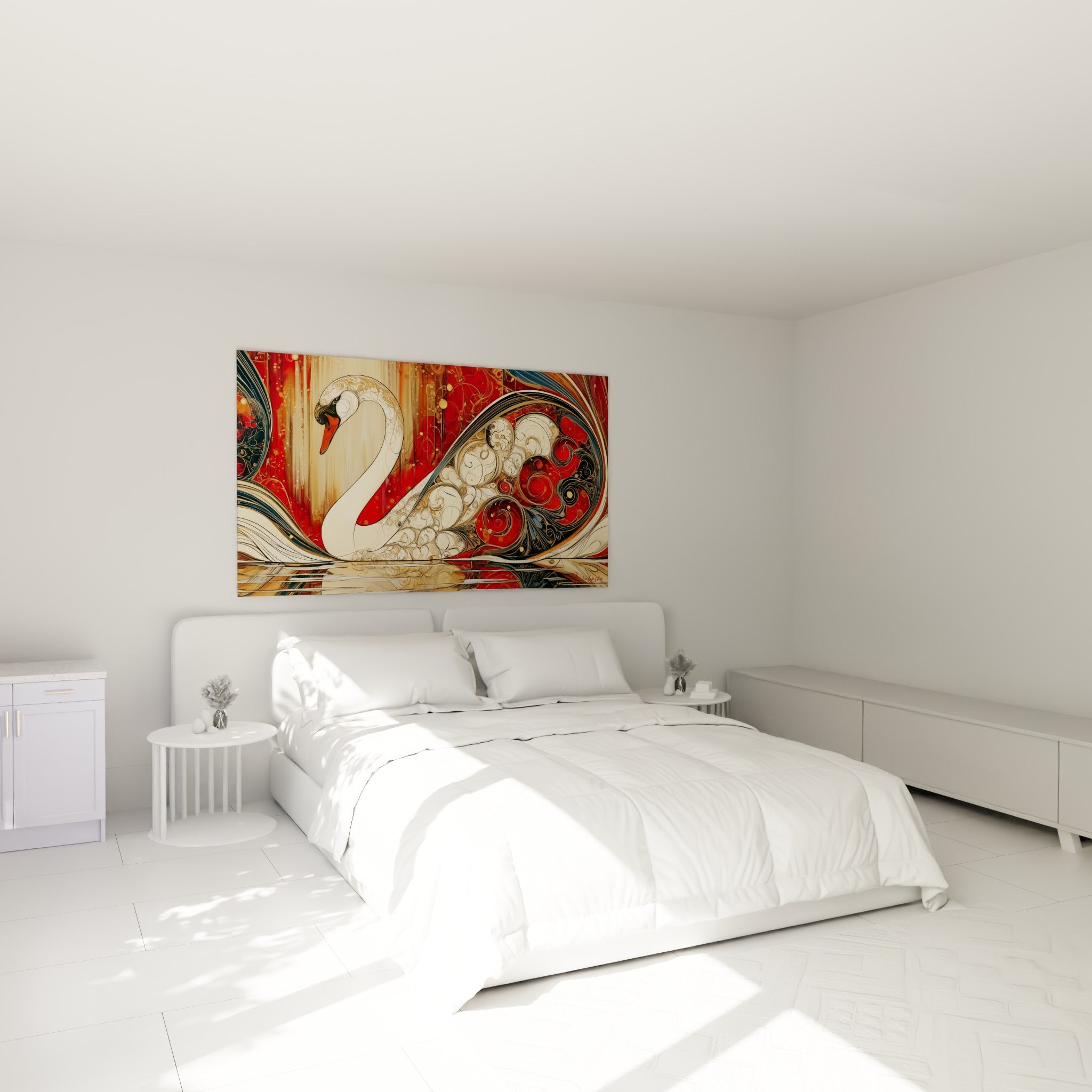 Cygne blanc aux volutes dorées et rouges, accroché au-dessus d'un lit dans une chambre claire