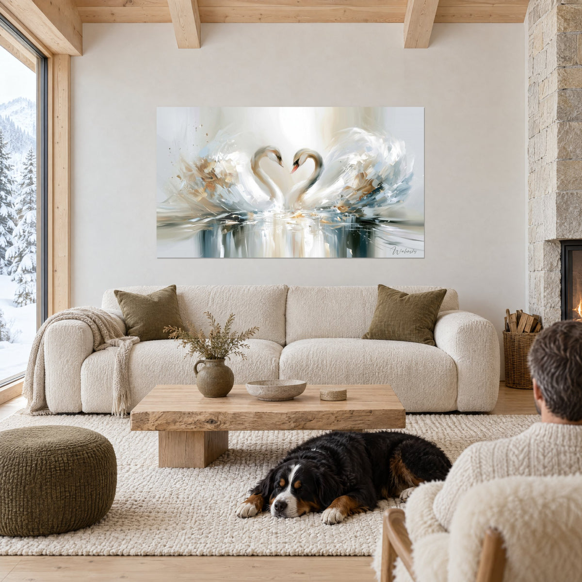 Cuadro pareja de cisnes con los cuellos formando un corazón, plumaje blanco y beige, reflejos azul acero, encima de un sofá en un salón luminoso