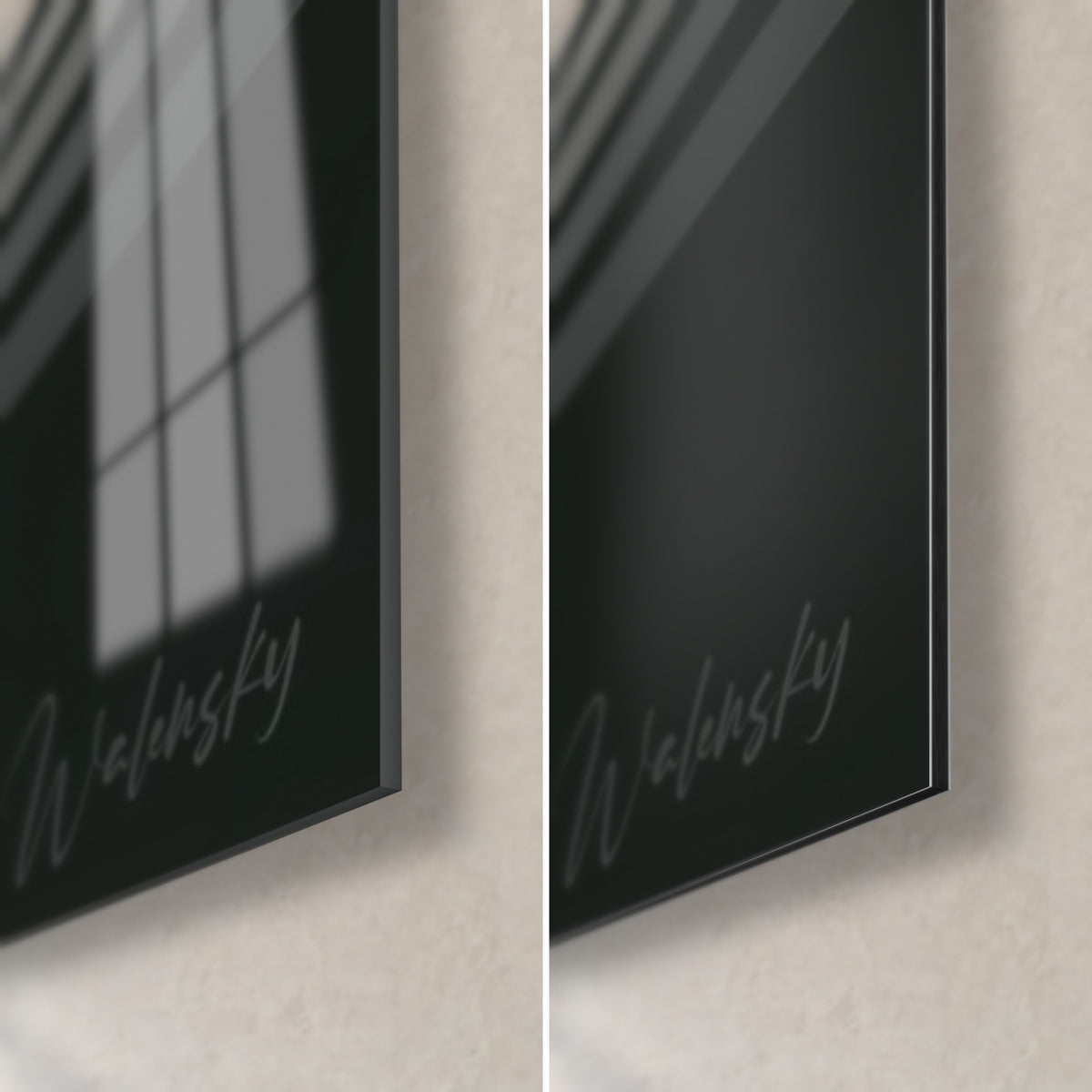 Quadro cigno nero, angolo in basso a destra: vetro acrilico lucido e alluminio Dibond nero opaco, bordo di 3 mm, firma grigia Walensky