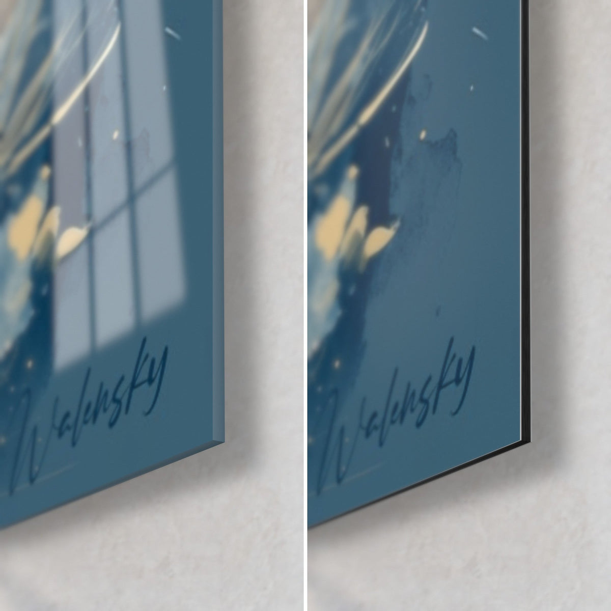 Tableau cygne bleu nuit, coin bas droit : signature Walensky sur fond bleu acier, verre brillant à gauche et Dibond mat à droite