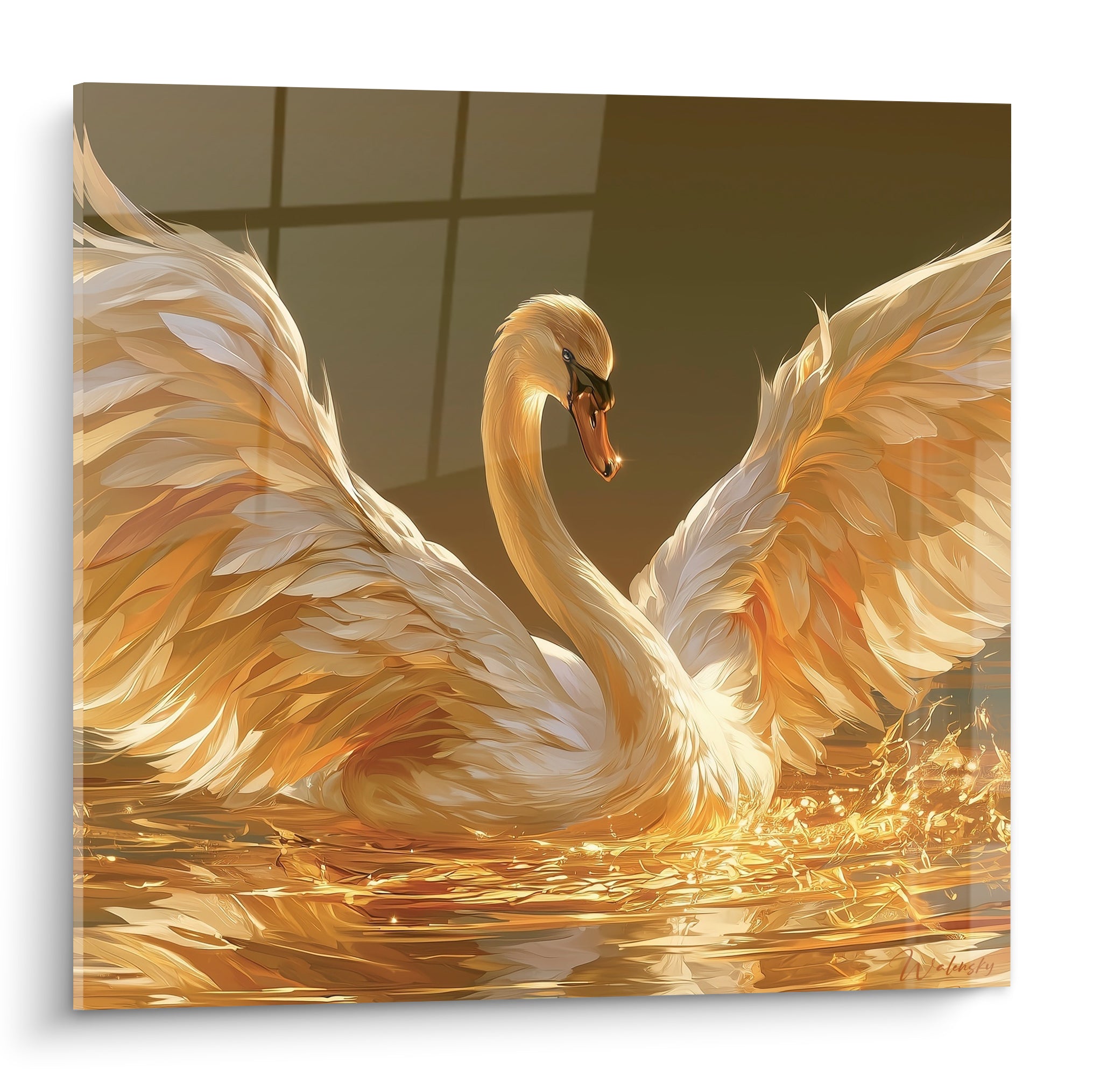 Cygne doré aux ailes déployées, plumes ambrées et blanches, cou incurvé sur eau scintillante