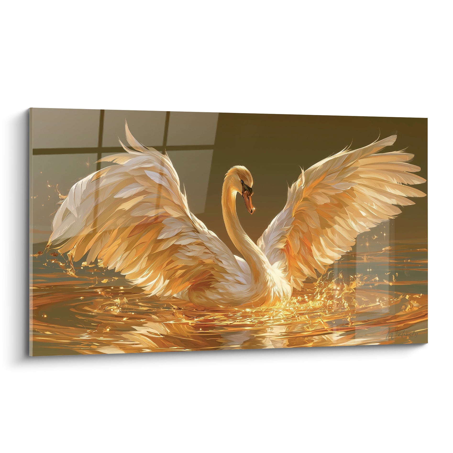 Cygne aux ailes déployées, plumage blanc et doré, jaillissant d'une eau ambrée scintillante
