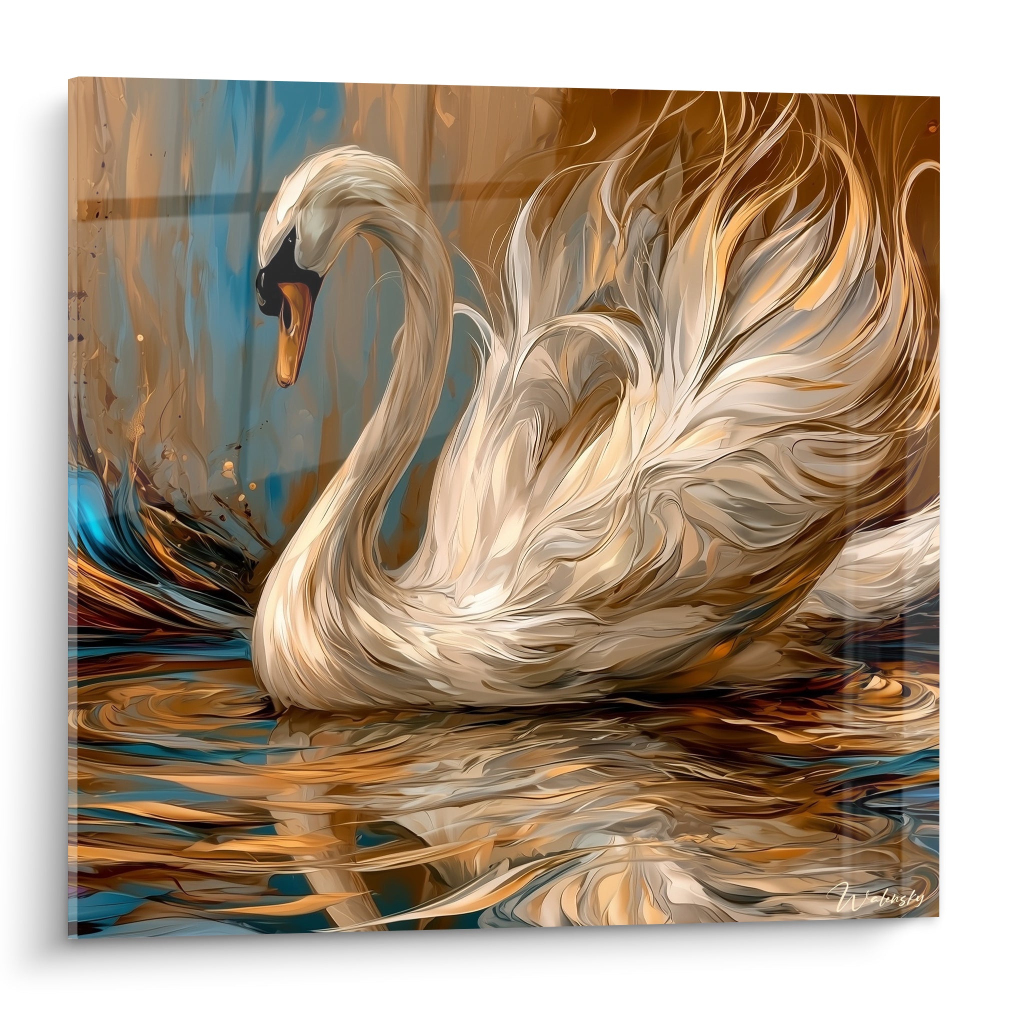 Cygne blanc aux ailes déployées, plumage doré et cuivré sur eau bleu marine miroitante