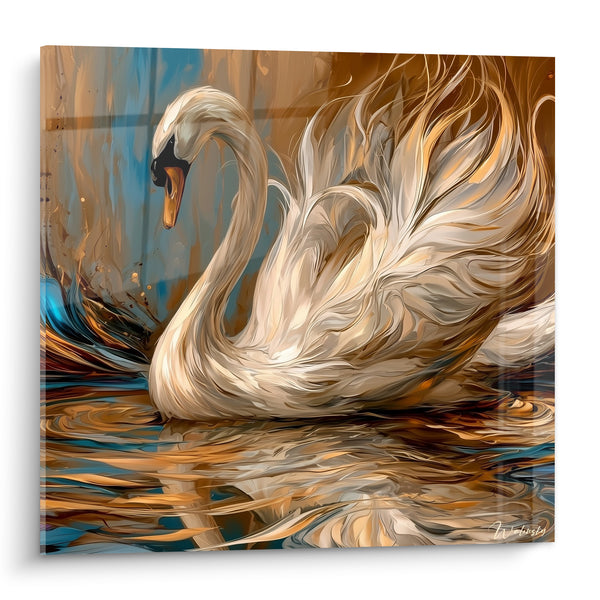 White Swan Painting with Wings Spread over Golden Water - Aquatic Dance - Swan Edition