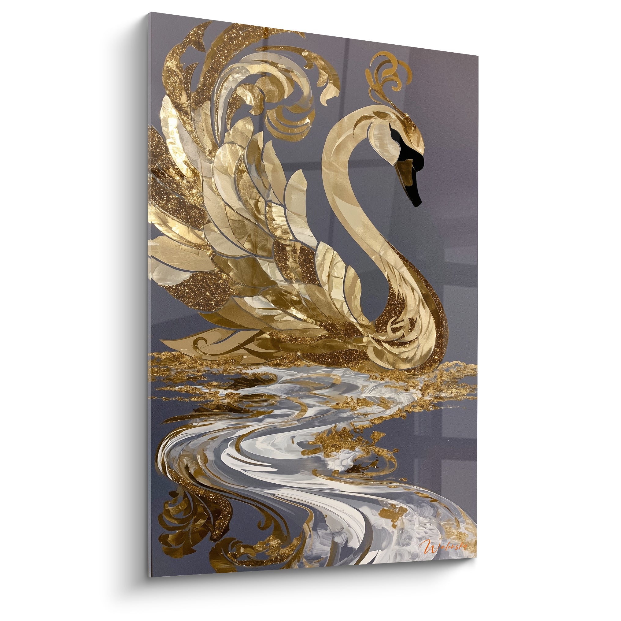 Cygne doré au cou gracieux se reflétant dans une eau blanche et grise tourbillonnante sur fond anthracite
