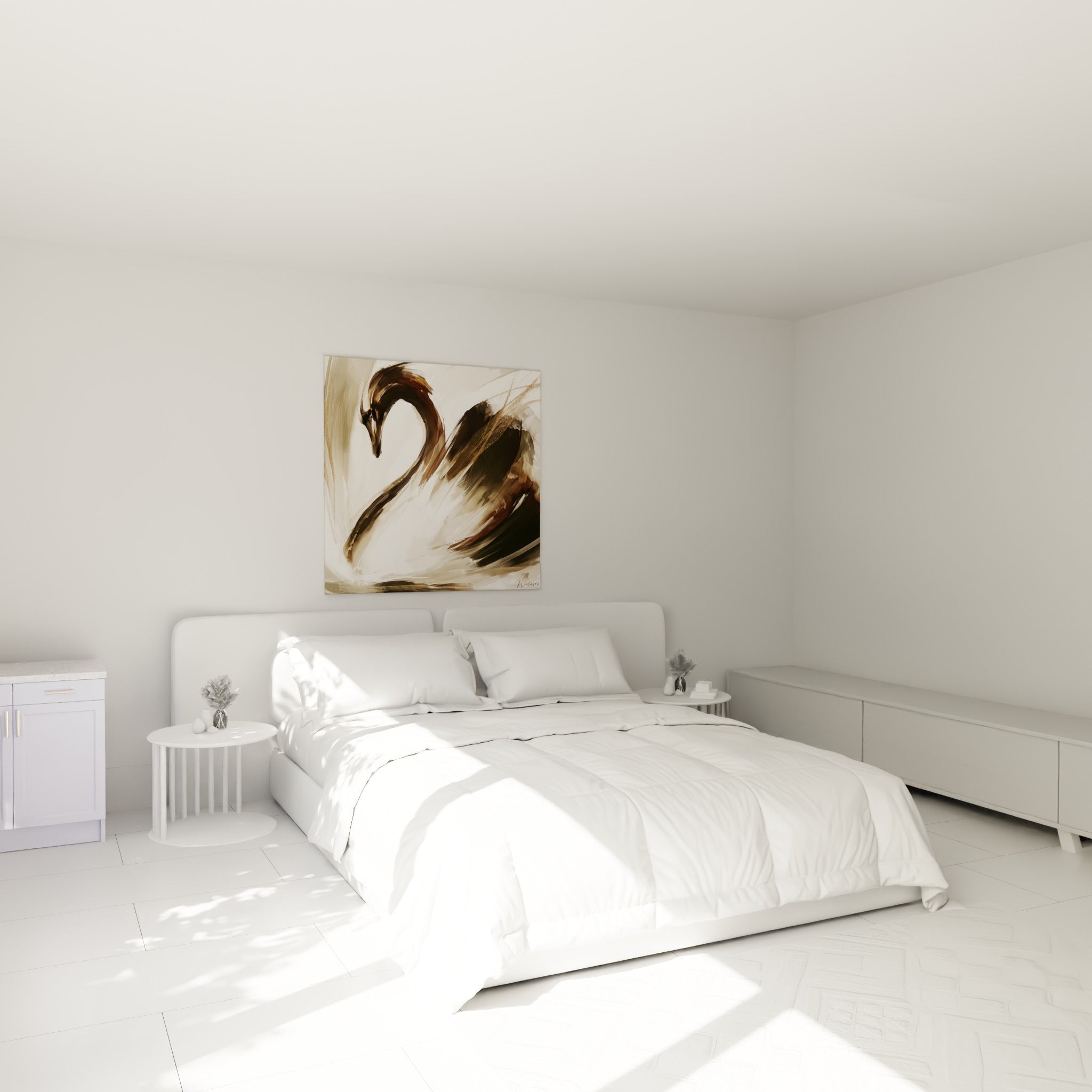 Silhouette de cygne anthracite et doré, courbe gracieuse, au-dessus d'un lit dans une chambre claire