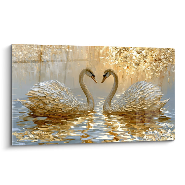 Leinwand Schwane Weiß und Gold Formend ein Herz - Glitzerndes Goldenes Laubwerk - Schwan Edition