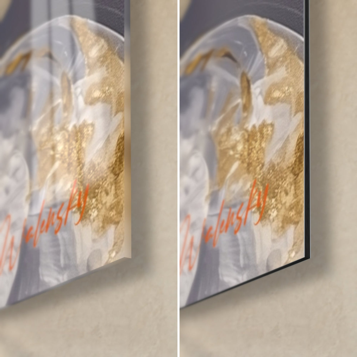 Gemälde goldener Schwan, untere rechte Ecke: Goldfunken und weiße Wirbel, orangefarbene Signatur, glänzendes Glas und mattschwarzes Dibond