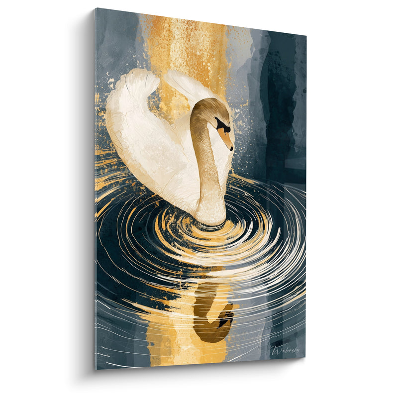 Tableau Cygne blanc doré sur eau ondulée - Miroir d'eau doré - Edition Cygne