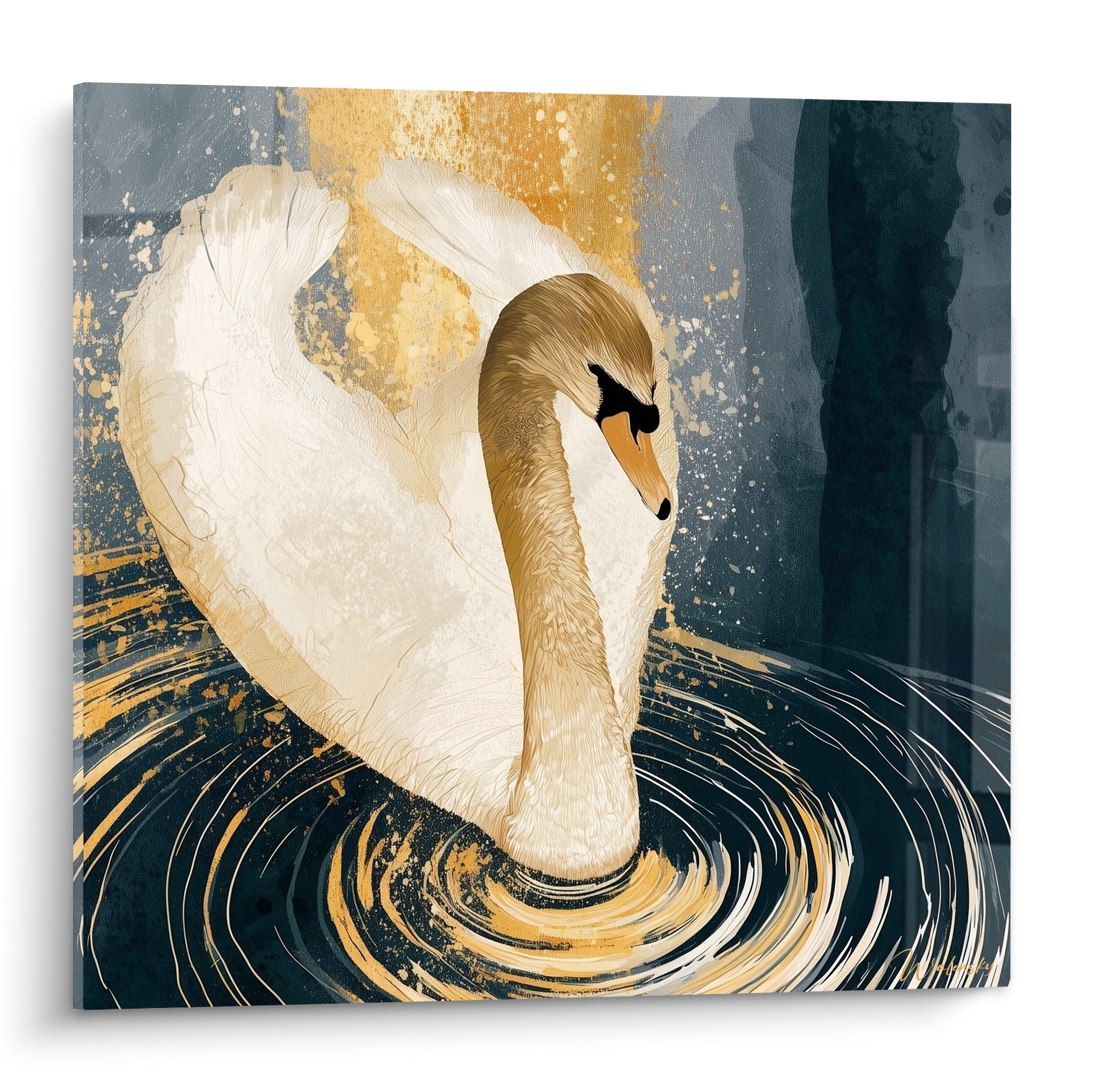 Cygne au cou doré penché sur une eau anthracite tourbillonnante d'or et de blanc