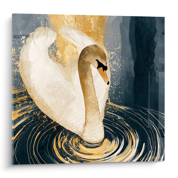 White and Gold Swan on Swirling Water - Mirror of Wave - Swan Edition