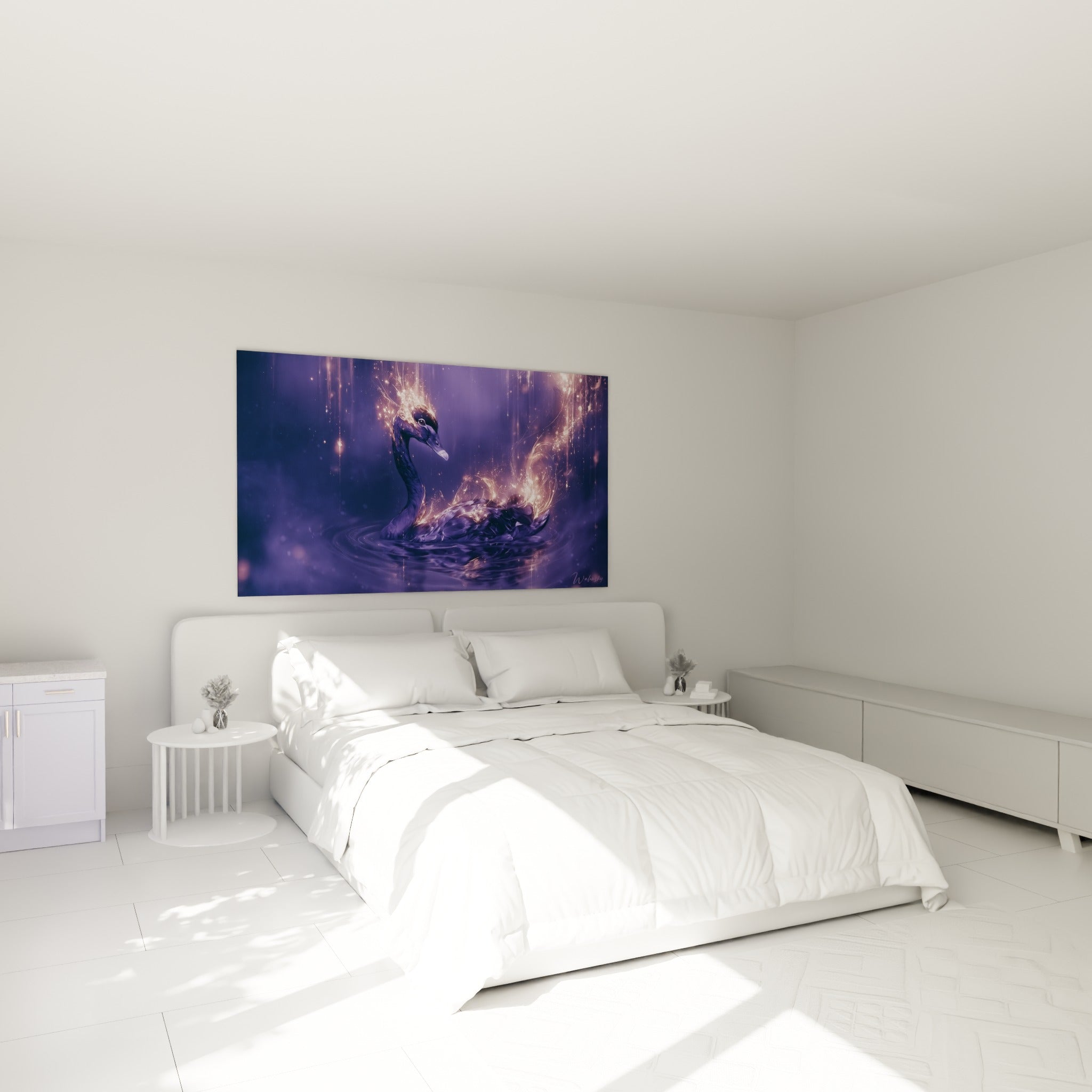 Silhouette de cygne violet et doré illuminée au-dessus d'un lit dans une chambre claire