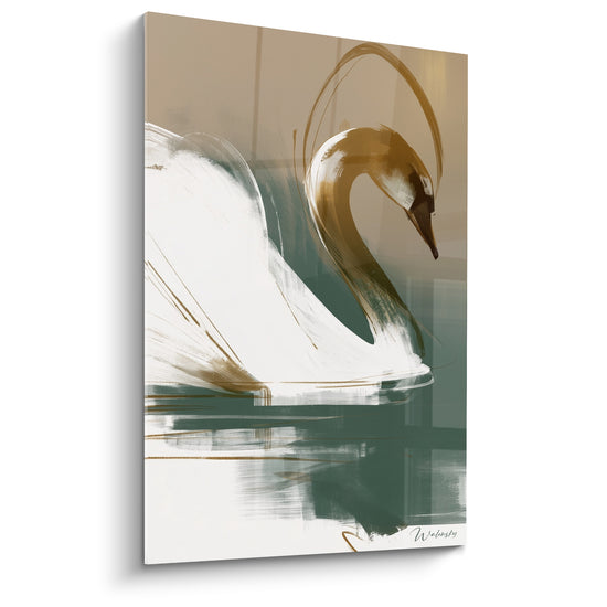 Leinwand Schwan in Weiß und Smaragdgrün mit gewundenem Hals - Goldene Schleife am Kragen - Edition Schwan