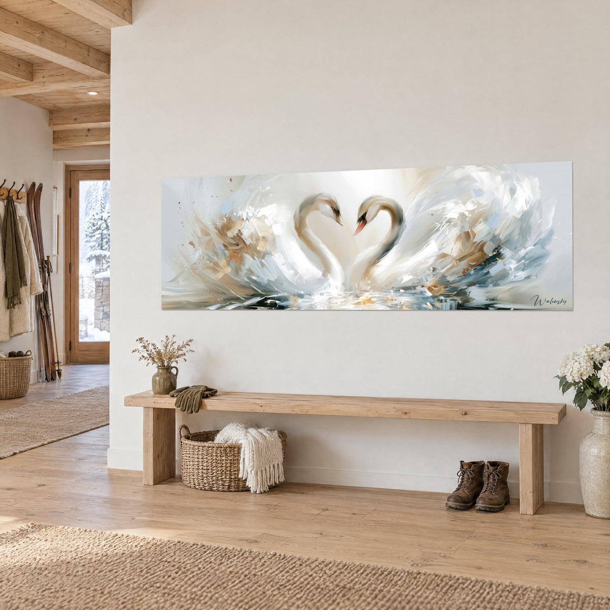 Quadro di una coppia di cigni, colli incurvati a cuore, tocchi di spatola avorio e sabbia su riflessi azzurrati, panca in legno in uno chalet di montagna