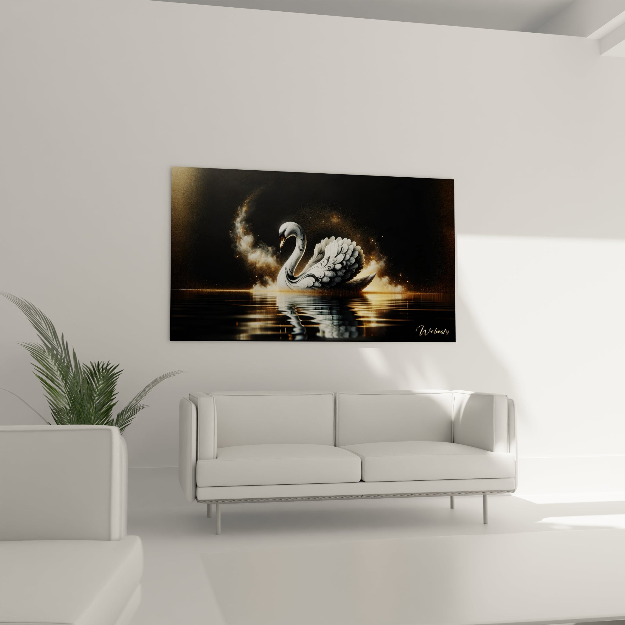 Un tableau d'animal montrant un cygne blanc stylisé dont le reflet se dessine sur l'eau. Les plumes blanches détaillées contrastent avec l'atmosphère nocturne. Des vapeurs dorées et poussières d'étoiles créent une ambiance féerique autour de l'oiseau sur fond noir.
