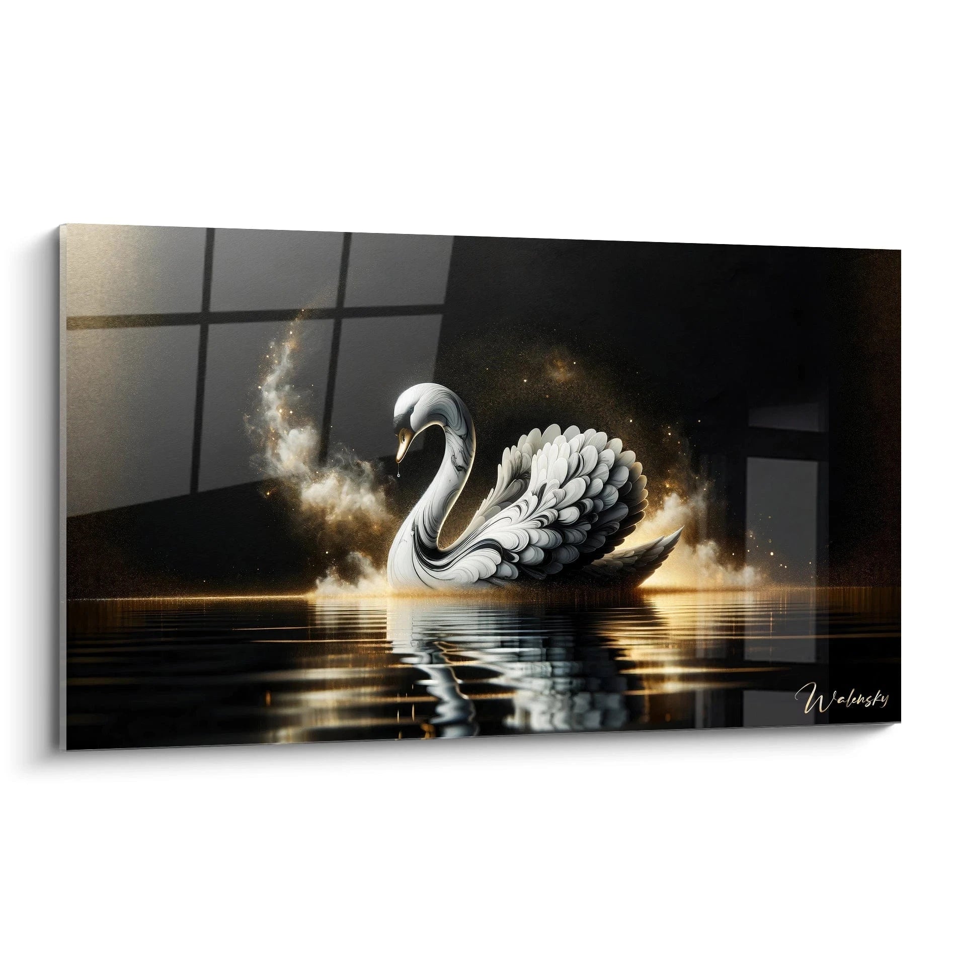 Un tableau d'animal représentant un cygne blanc élégant sur une eau calme et réfléchissante. Les plumes texturées et superposées composent des ailes déployées majestueuses. L'arrière-plan noir est rehaussé de nuages dorés et particules lumineuses créant un effet cosmique et mystérieux.
