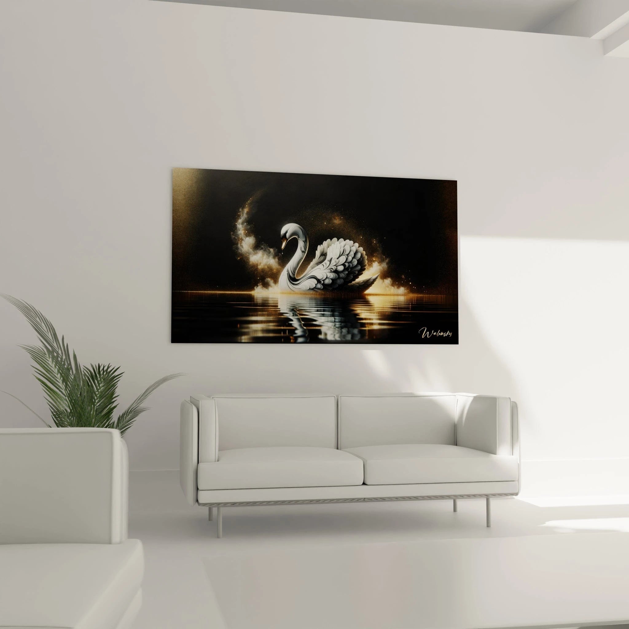 Un tableau d'animal montrant un cygne blanc stylisé dont le reflet se dessine sur l'eau. Les plumes blanches détaillées contrastent avec l'atmosphère nocturne. Des vapeurs dorées et poussières d'étoiles créent une ambiance féerique autour de l'oiseau sur fond noir.
