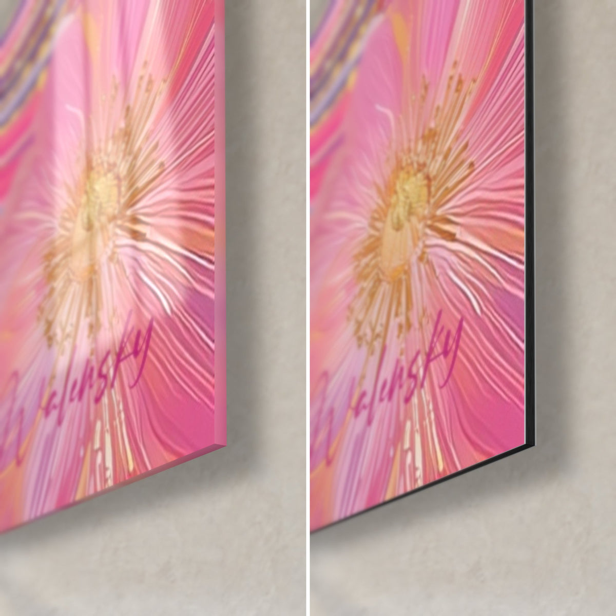 Tableau fleur rose à cœur doré et pistils fins, tranche noire de 3 mm, verre brillant à gauche, Dibond mat à droite