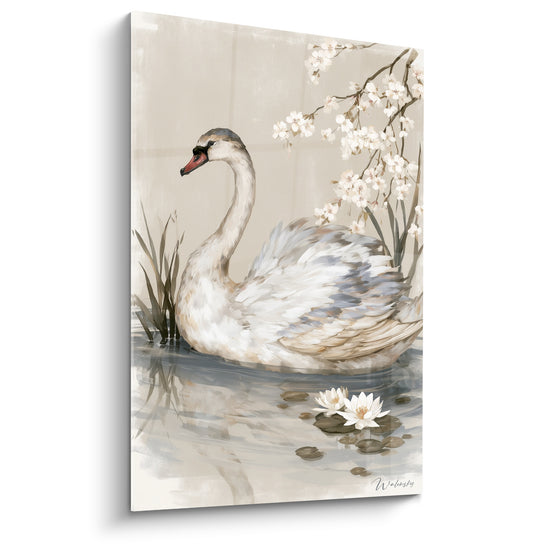 Leinwand Schwan in Weiß und Beige mit Kirschblüten - See-Ruhe - Schwan Edition