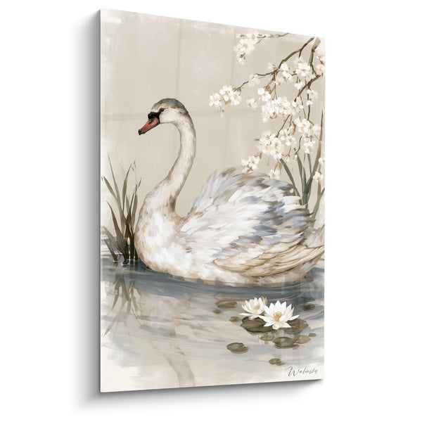 Leinwand Schwan in Weiß und Beige mit Kirschblüten - See-Ruhe - Schwan Edition