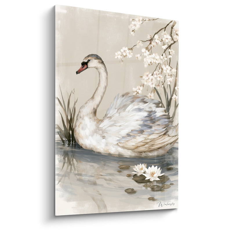 Tableau Cygne blanc et beige aux fleurs de cerisier - Sérénité lacustre - Edition Cygne