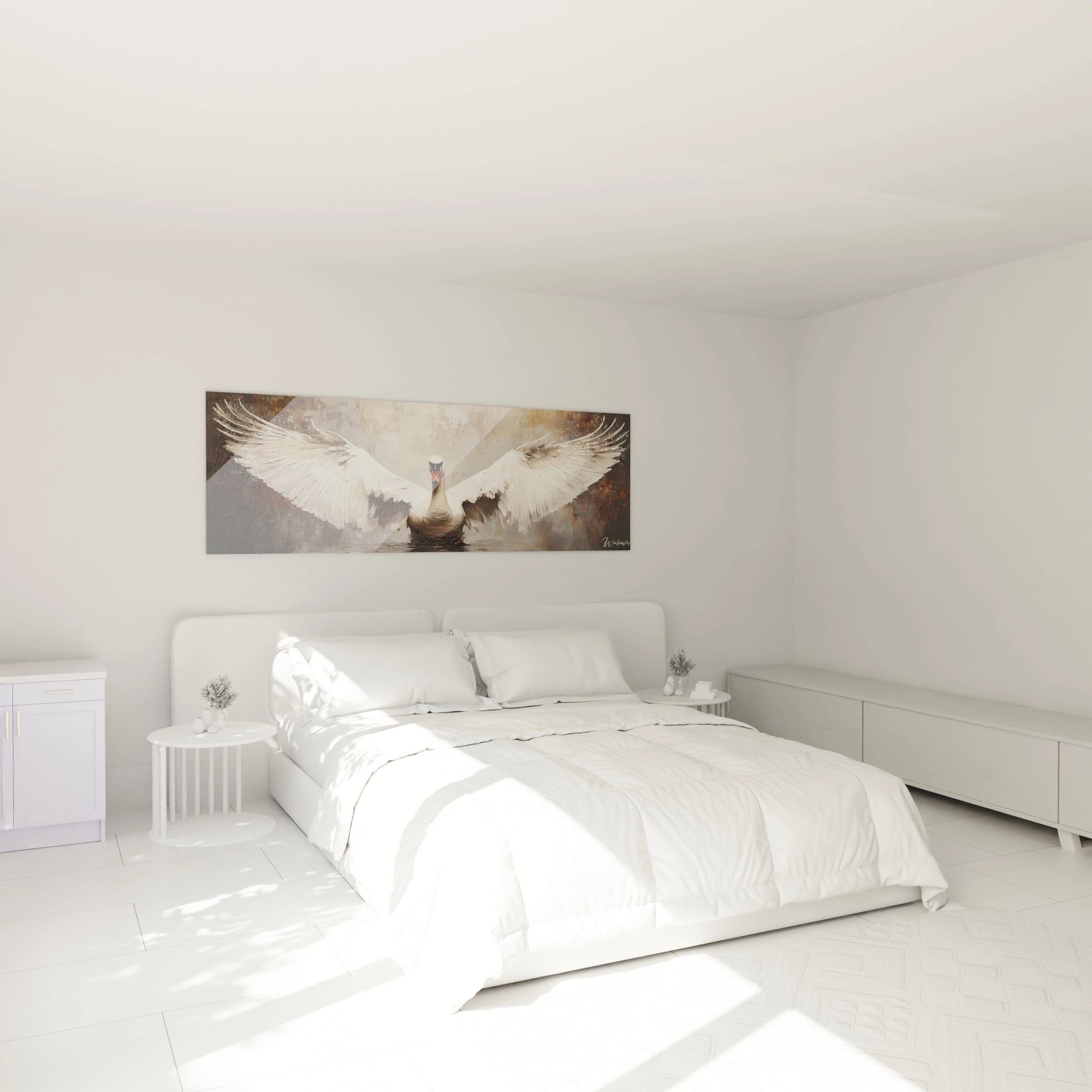 Tableau cygne Walensky avec une image de cygne aux ailes déployées dans une chambre moderne