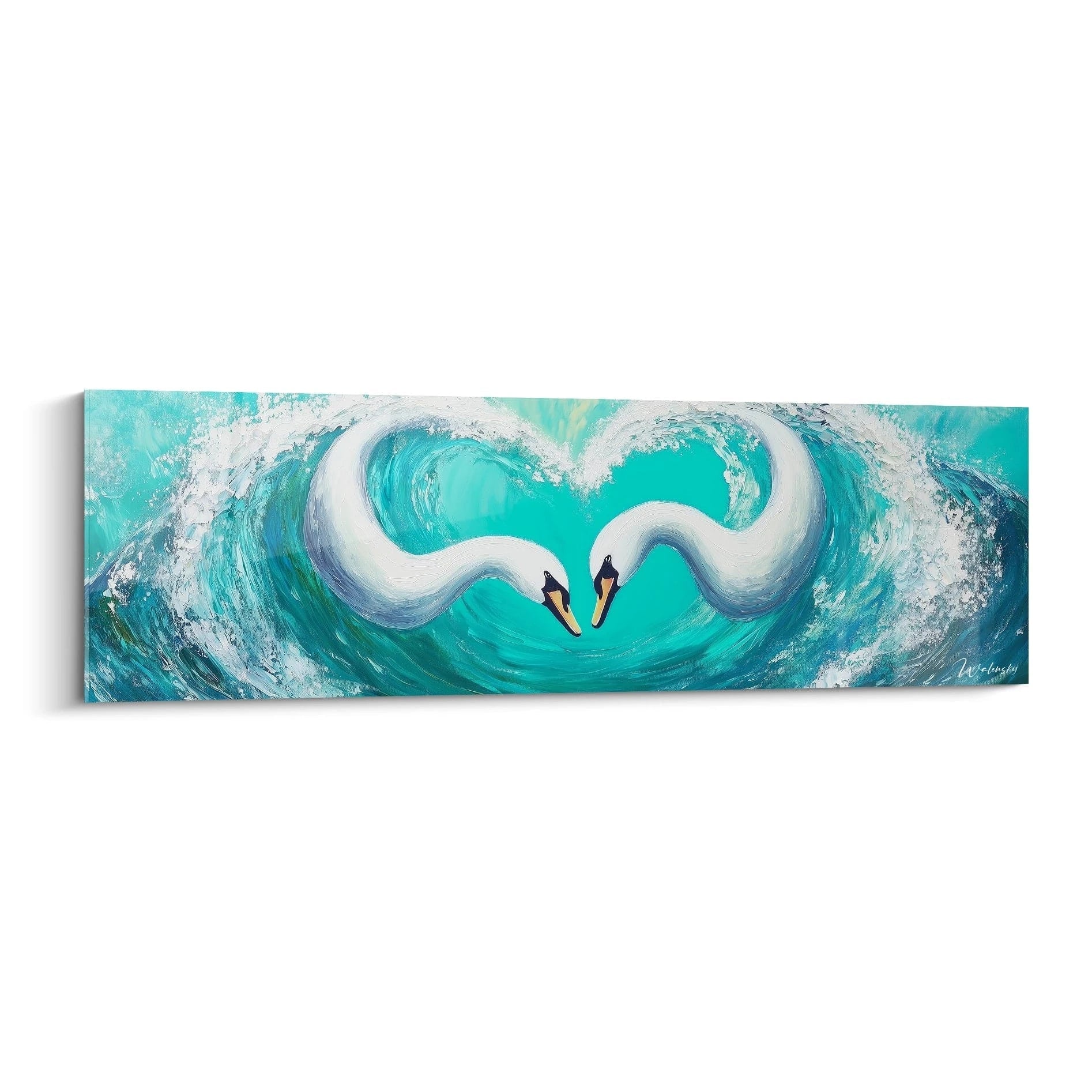 Tableau cygne de Walensky représentant deux cygnes formant un cœur dans une vague turquoise