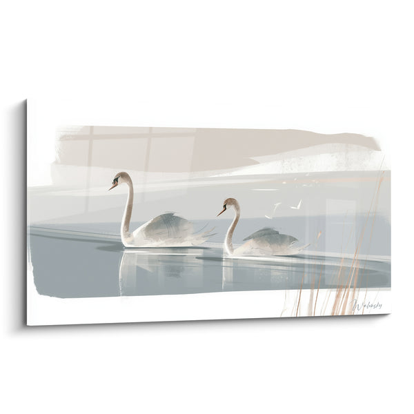 Gemälde Graue und Beige Schwäne unter Schilf - Zweier-Paar - Edition Schwan