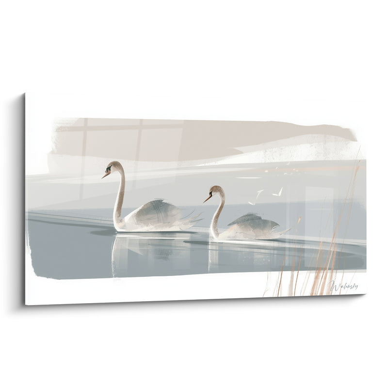 Tableau Cygnes gris et beige parmi les roseaux - Duo en couple - Edition Cygne