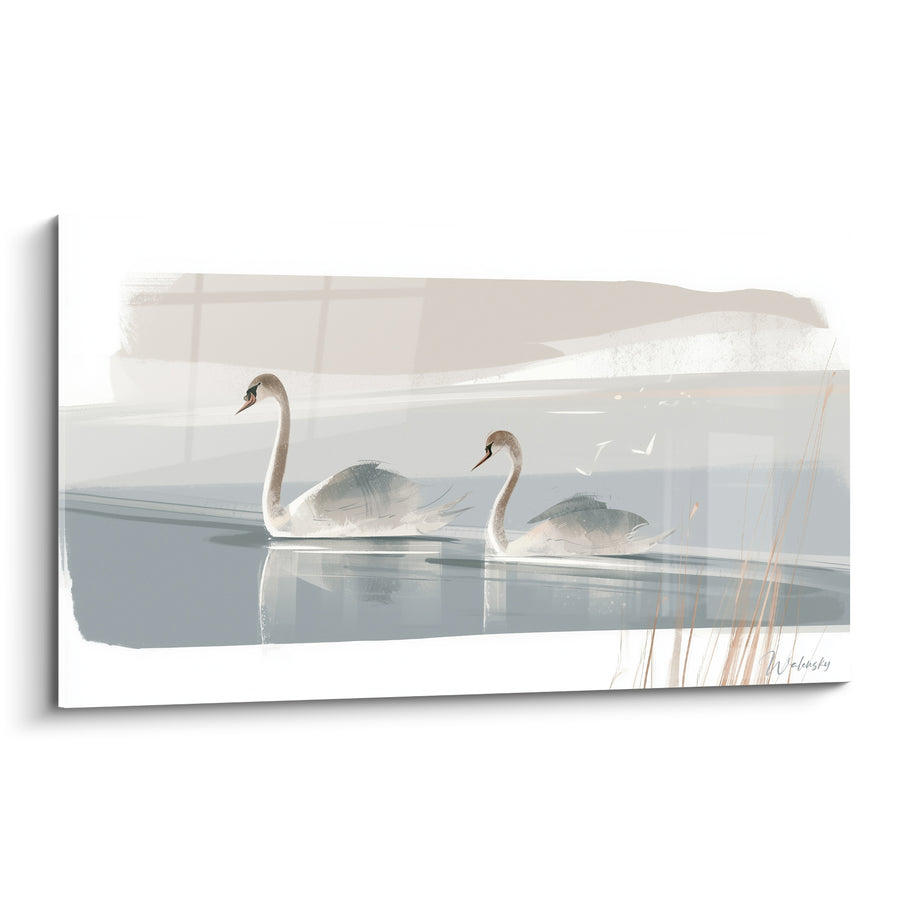 Tableau Cygnes gris et beige parmi les roseaux - Duo en couple - Edition Cygne
