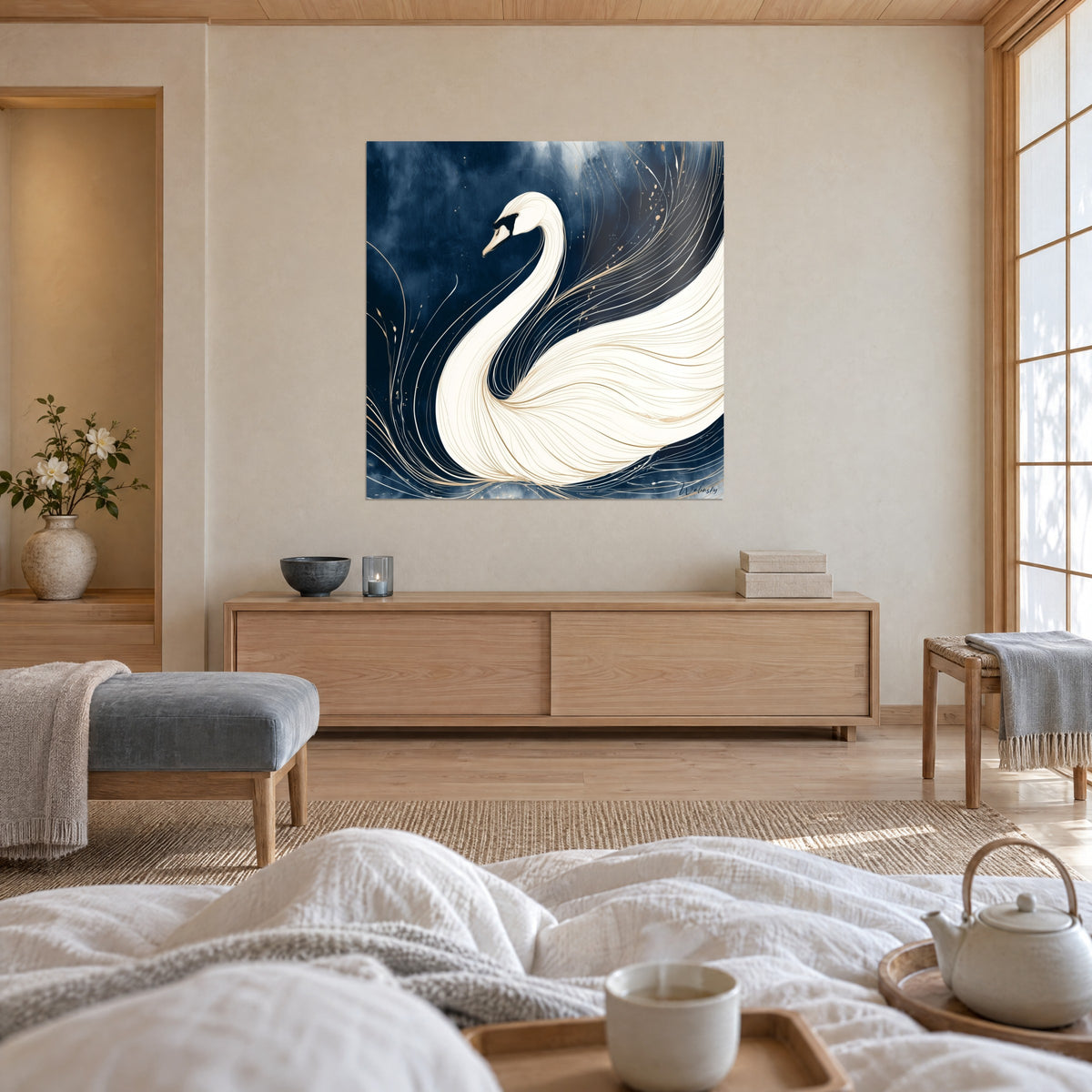 Cuadro cisne en trazos blancos y dorados sobre fondo índigo, visto por una pareja de espaldas, encima de una cama en un dormitorio luminoso