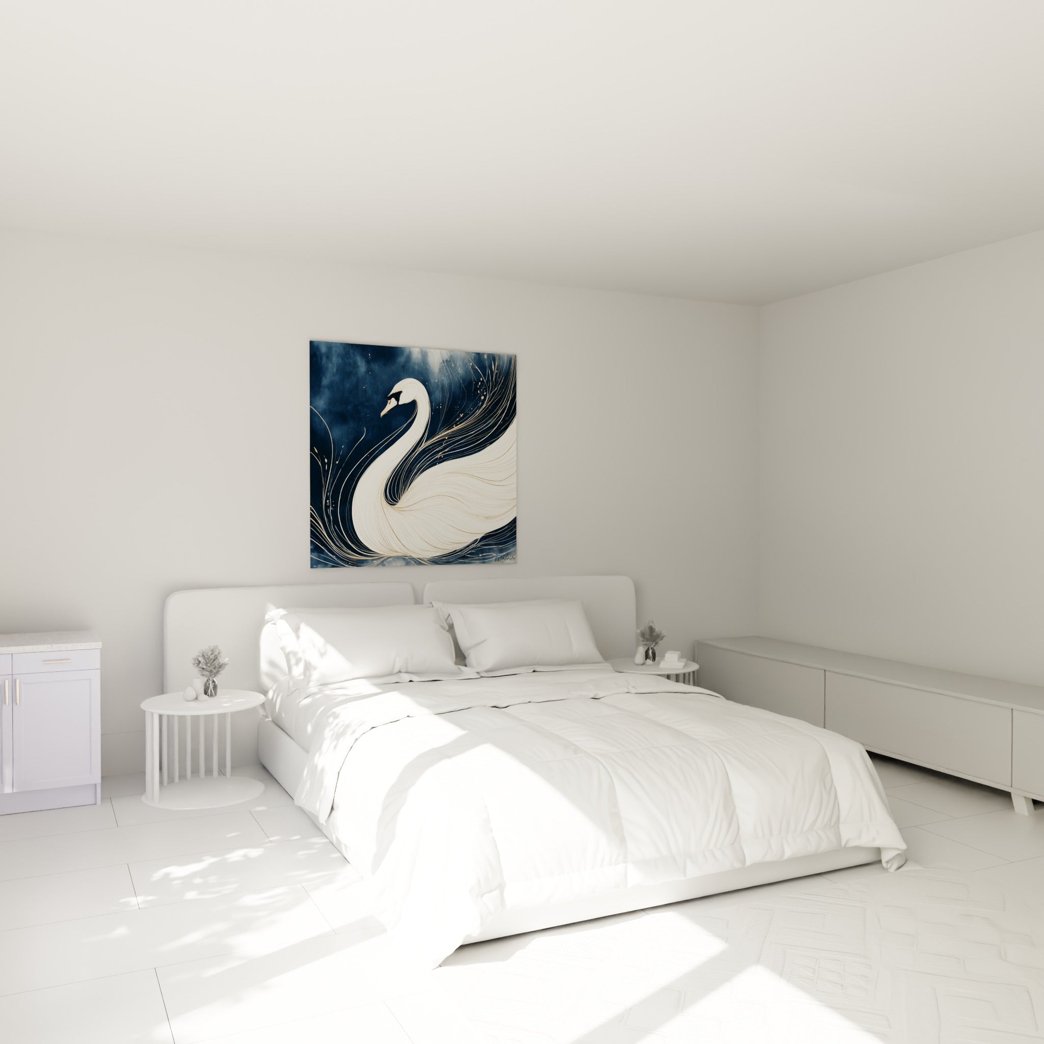 Cygne gracieux aux teintes ivoire et dorées, accroché au-dessus d'un lit dans une chambre claire