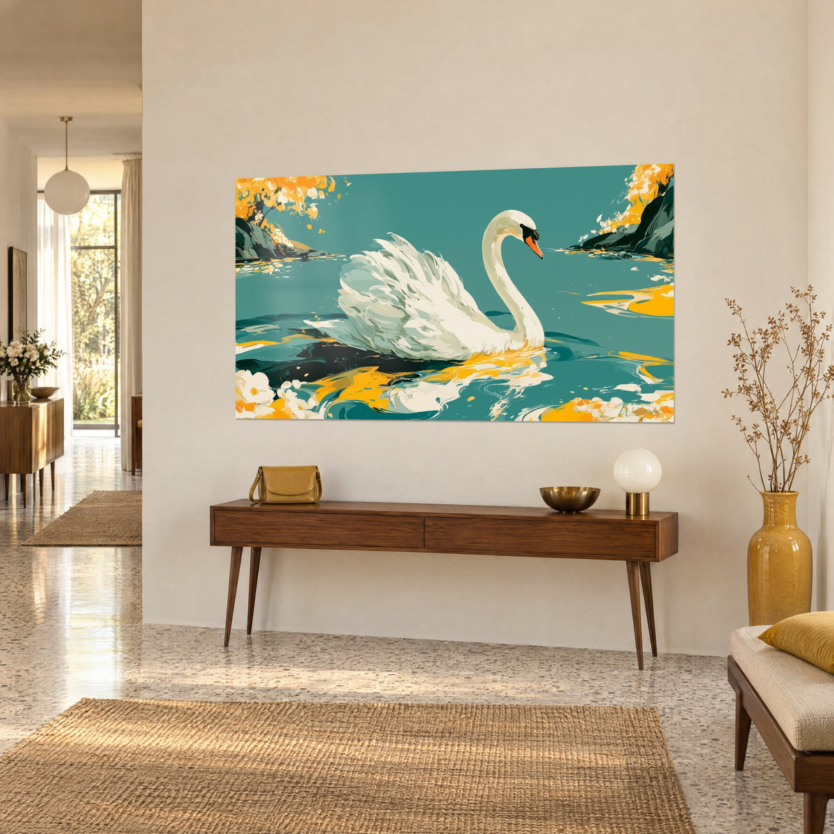 Tableau oiseau aquatique aux plumes ivoire effilées, rochers sombres et fleurs dorées, sur une console de couloir années 50