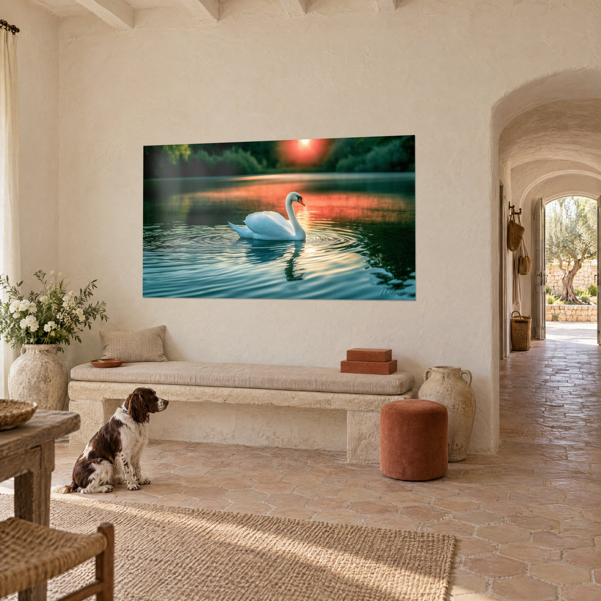 Quadro Uccello acquatico dal lungo collo avorio, acqua turchese e riflessi corallo, parete in calce in un mas provenzale