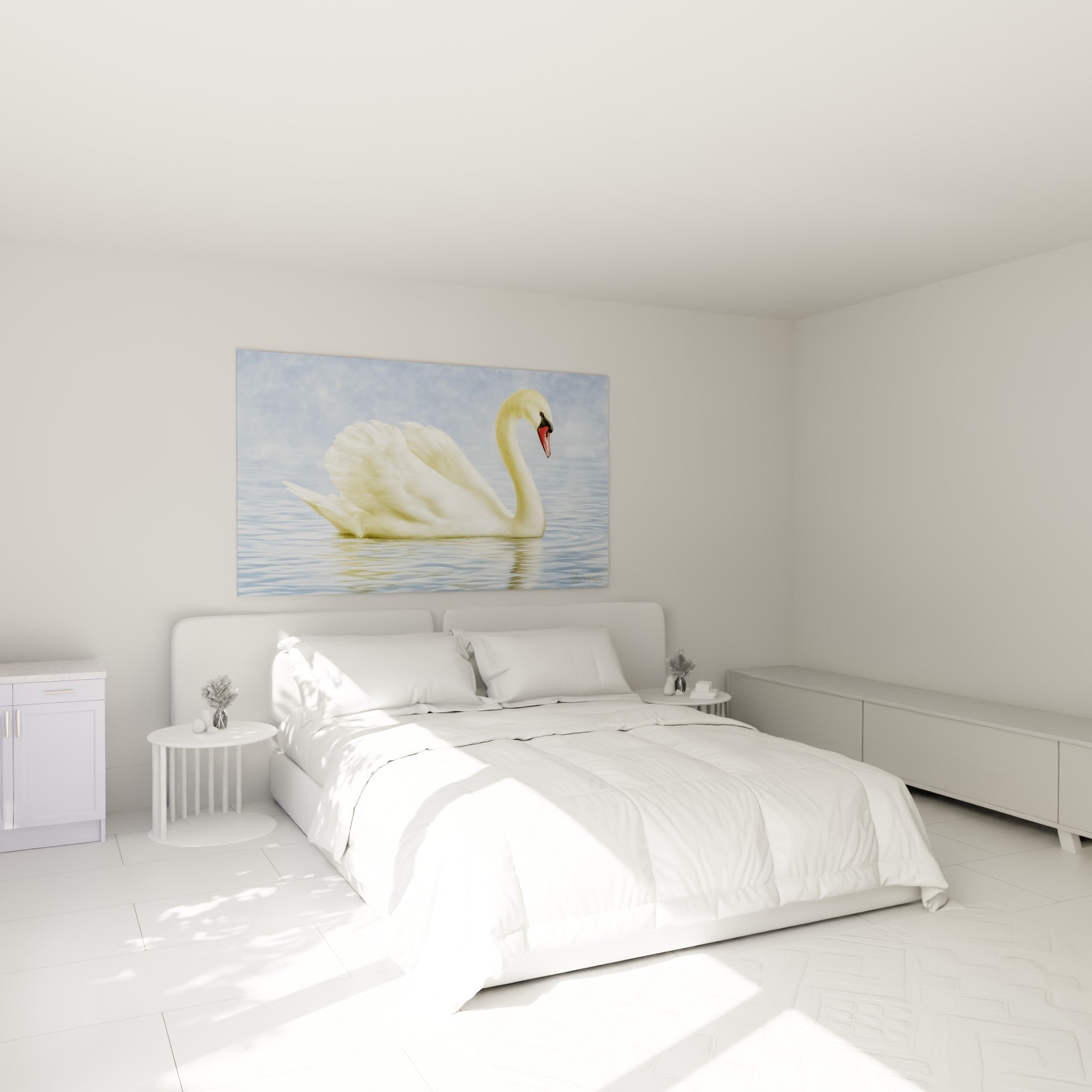 Silhouette d'un cygne blanc et bleu ciel au-dessus d'un lit dans une chambre claire