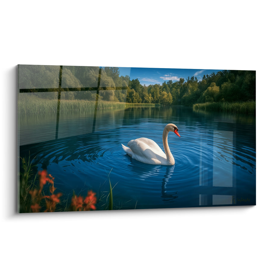 White Swan and Blue Tableau Near Red Flowers - Flowery Forest Shore - Swan Edition