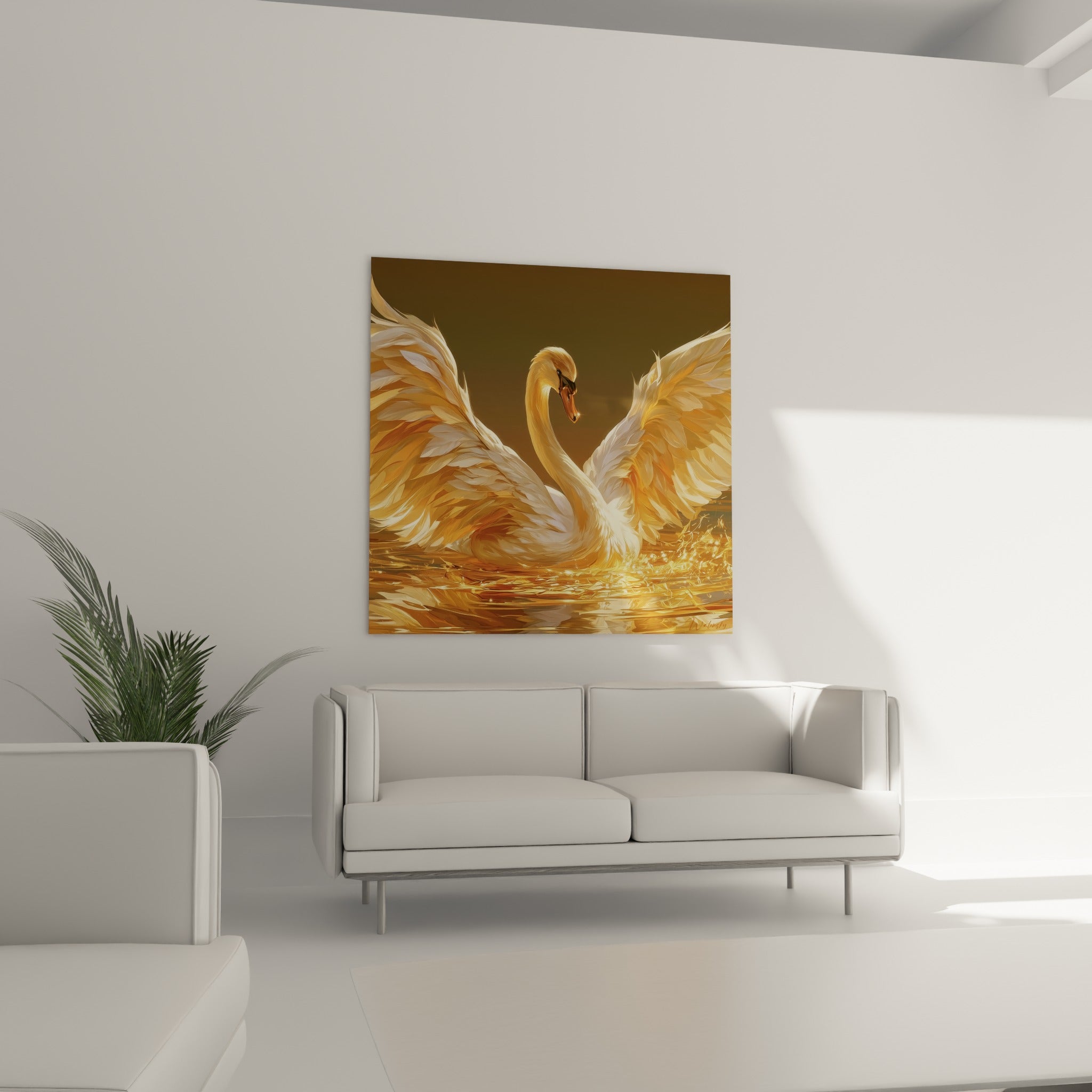 Envol majestueux du cygne doré et brun, au-dessus d'un canapé dans un salon lumineux