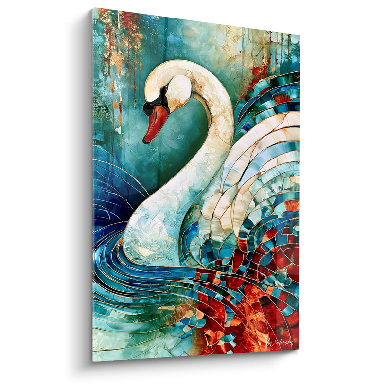 Tableau Cygne blanc au plumage bleu et rouge mosaïque - Éclat de vitrail - Edition Cygne