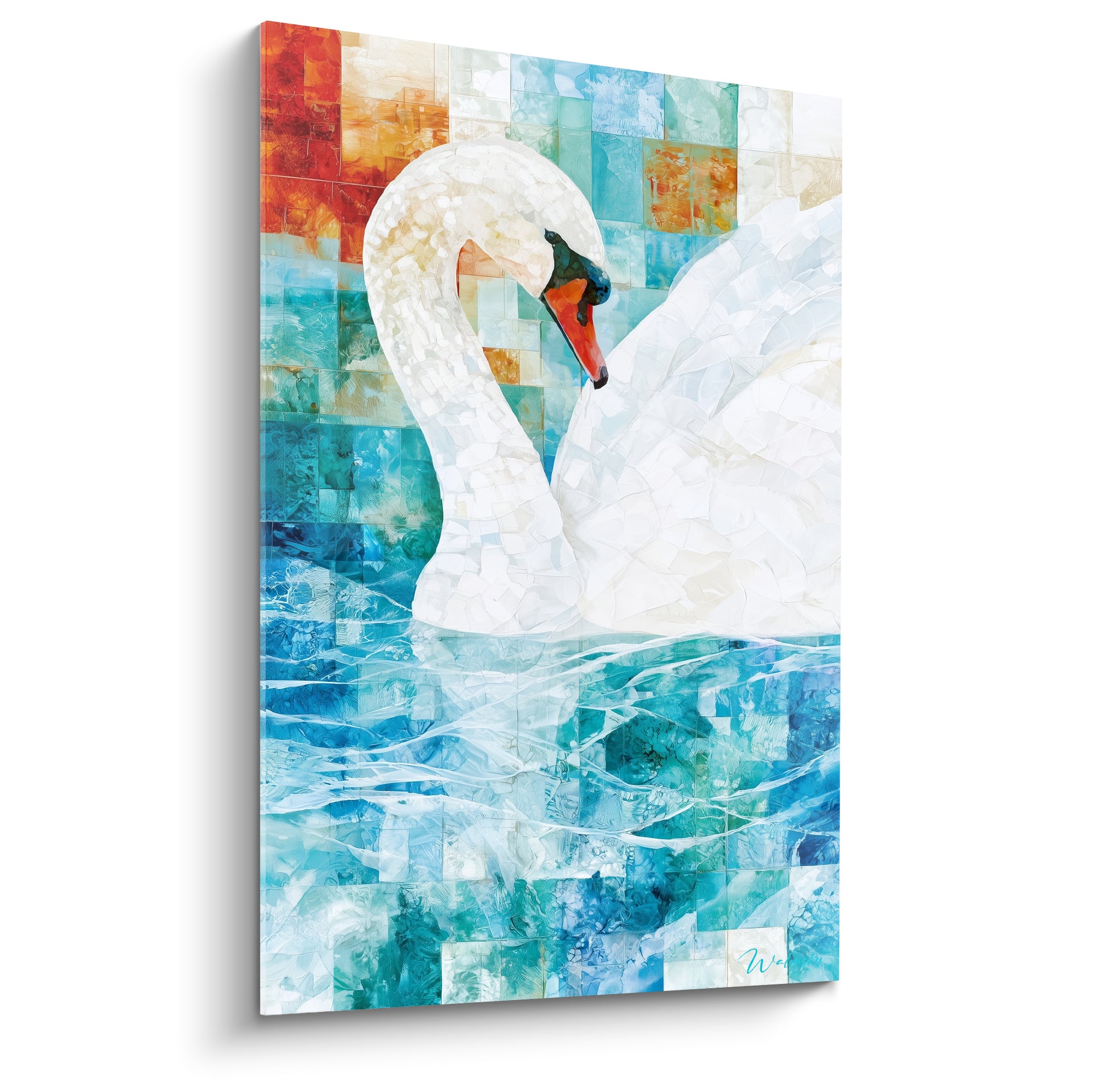 Cygne blanc au cou courbé sur eau turquoise, fond mosaïque orangé et bleu, plumage nacré