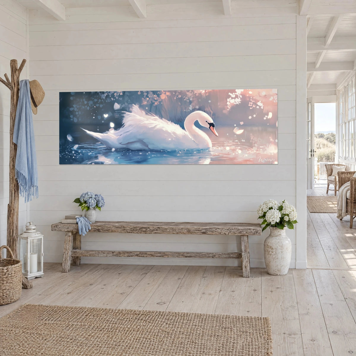Wall art of a waterbird with ivory plumage, curved neck, dancing blue and pink petals, white wall of a seaside house