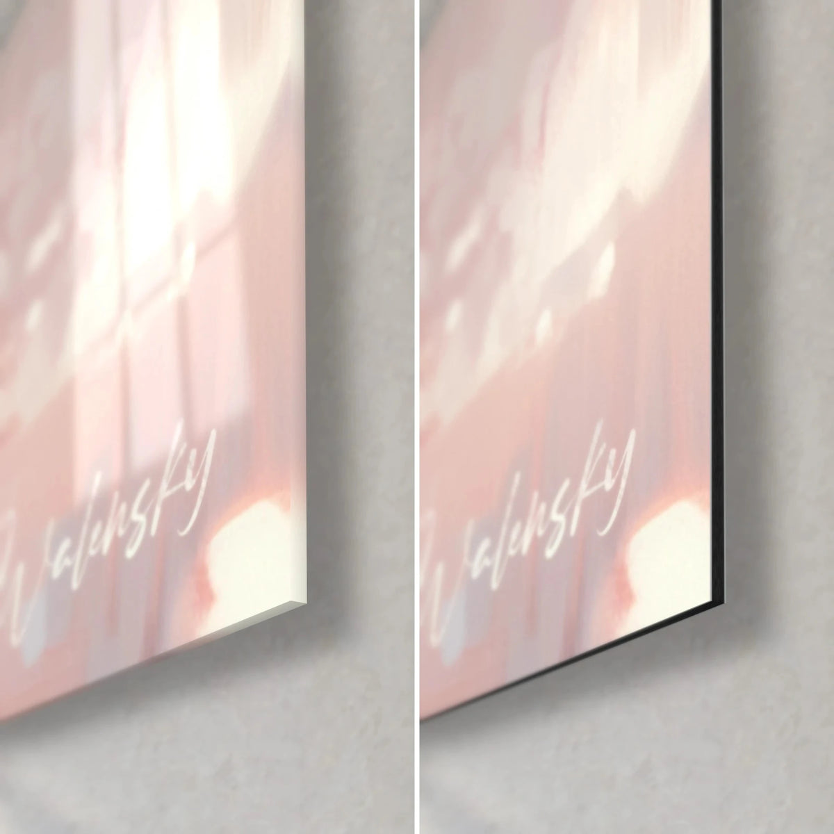Wall art of a swan with pink and blue mother-of-pearl reflections, bottom right corner: glossy acrylic glass and matte black Dibond aluminium, 3 mm thickness