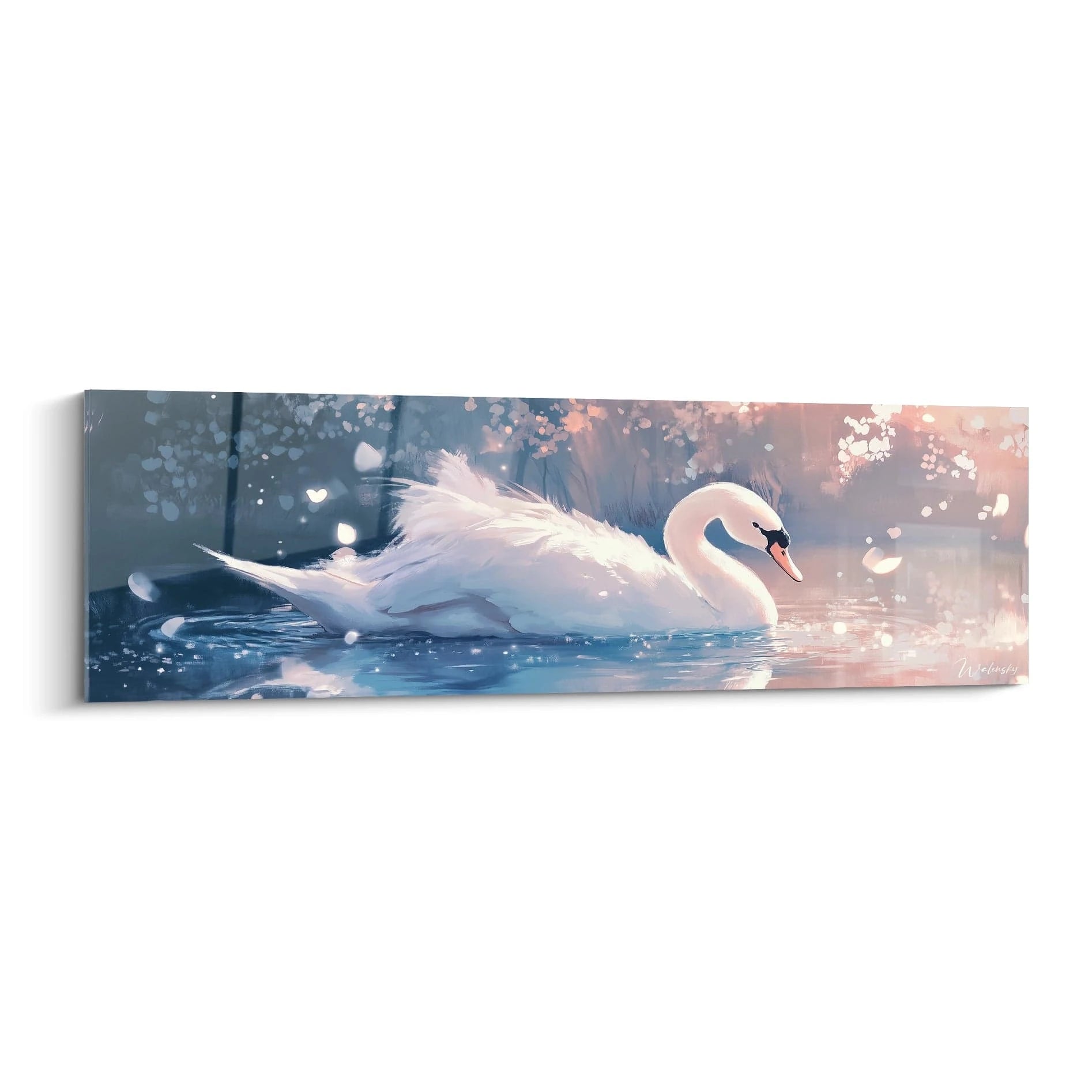 Tableau de cygne blanc nageant dans un lac tranquille avec des reflets lumineux