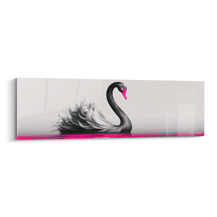 Black and gray painting with fine fuchsia lines - Feathered plumage in smoke - Cygne Edition