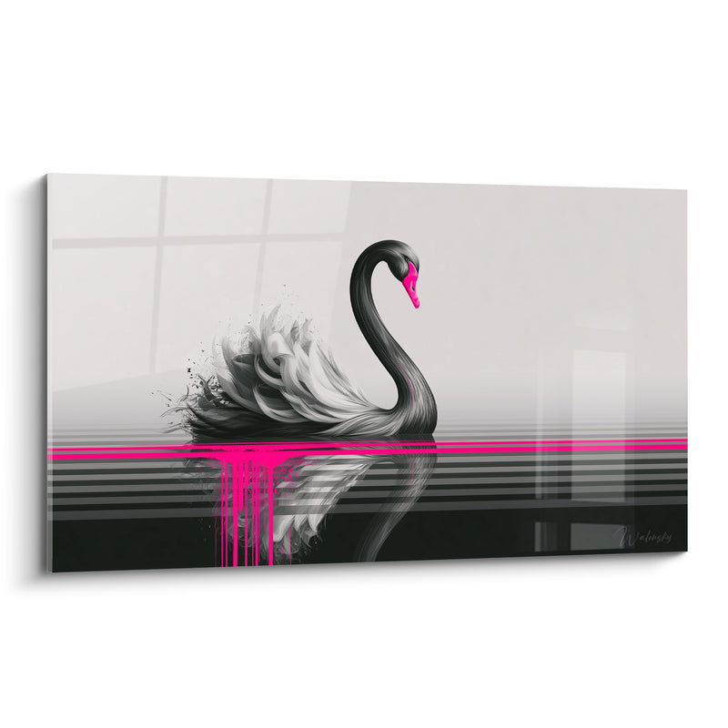 Tableau Cygne noir et blanc au bec fuchsia rayures - Ligne néon horizontale - Edition Cygne