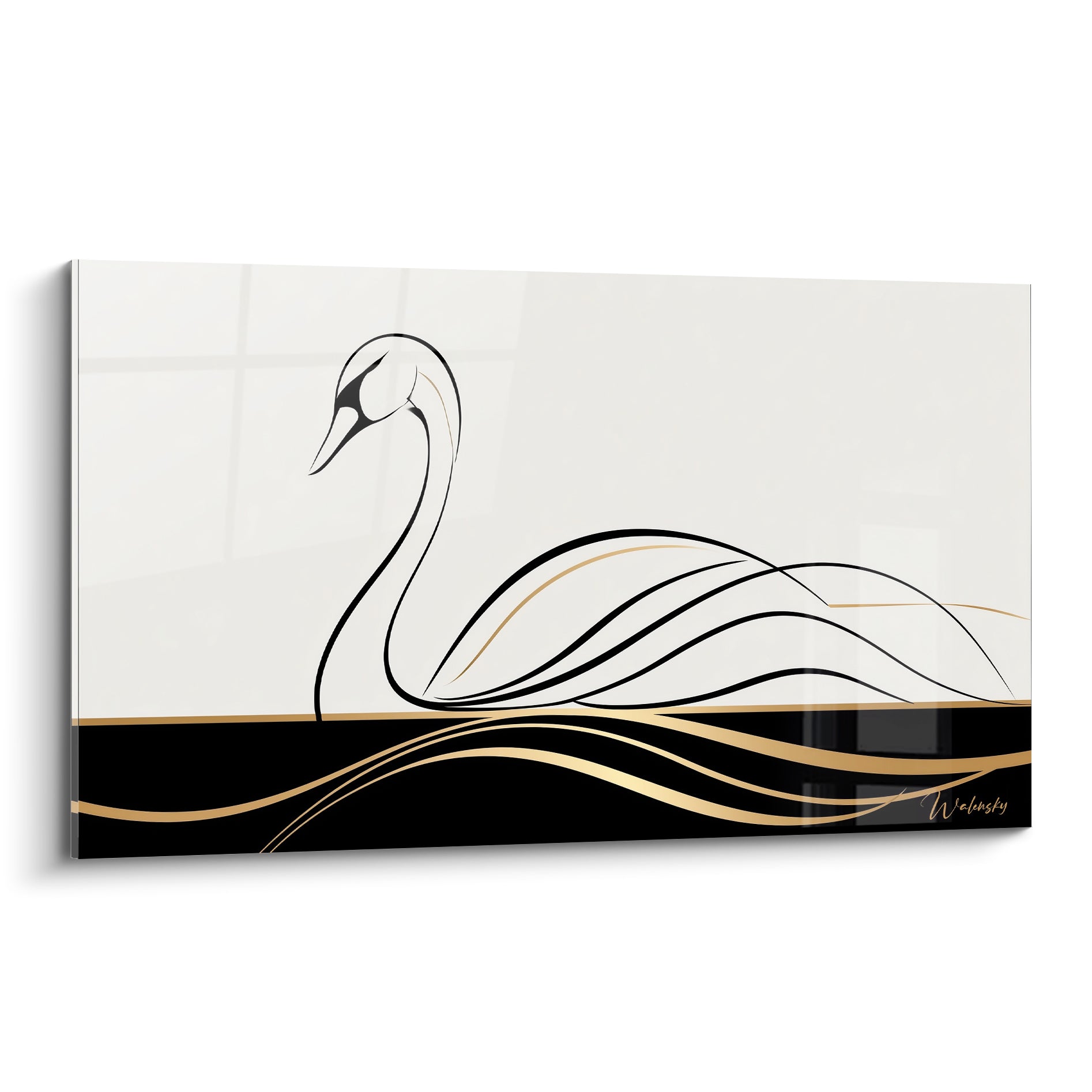 Cygne noir tracé sur fond ivoire, filets dorés soulignant les plumes en vagues fluides