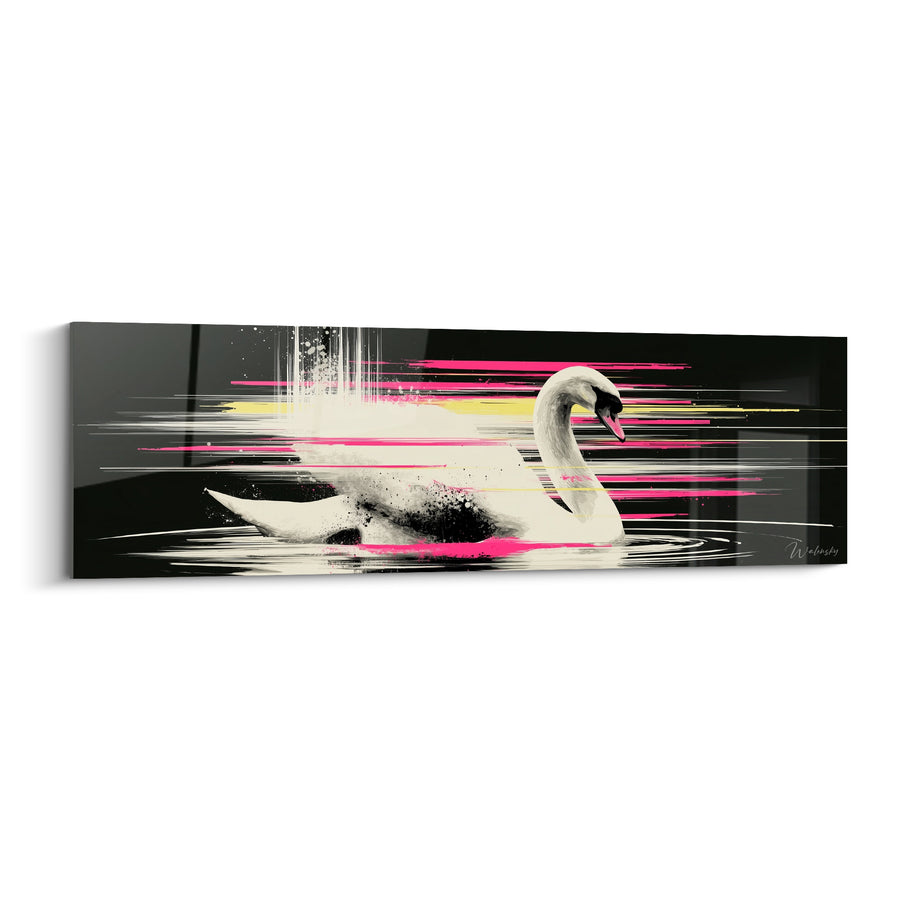 Black Swan with Vivid Pink Stripes Painting - Nocturnal Crossing - Cygne Edition