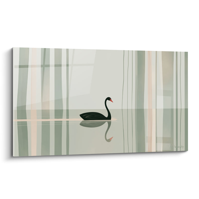 Tableau Cygne noir sur bandes vert sauge et poudré - Silence sur l'eau - Edition Cygne